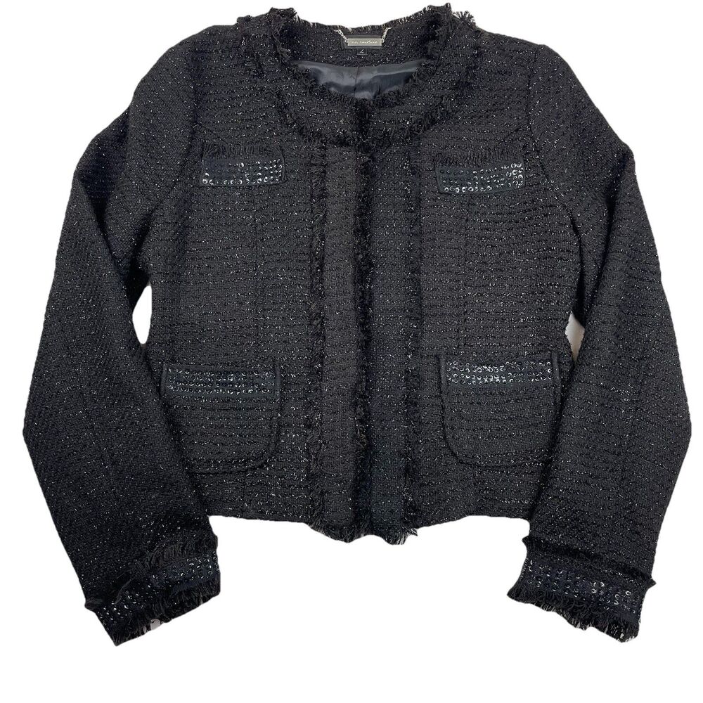 cc Couture Women’s Black Tweed Shimmer Sequin Trim Fringe Jacket Party Holiday-L